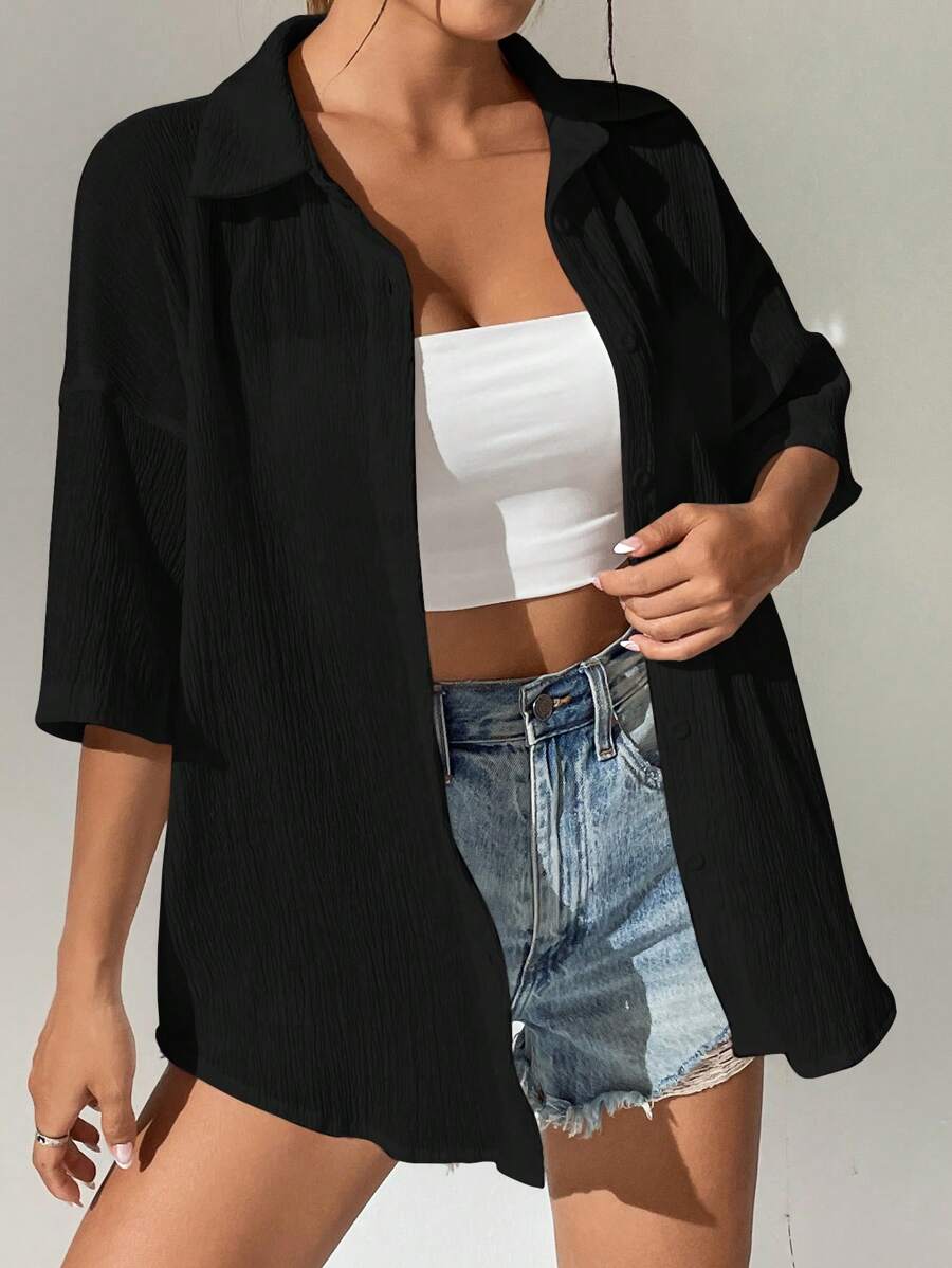 SHEIN EZwear 素色落肩袖前紐扣襯衫 - 黑色 - 查看 1