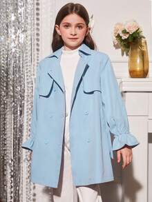 SHEIN Tween Girl 1pc Double Breasted Belted Trench Coat - Baby Blue - View 3