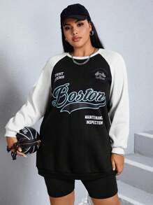 SHEIN EZwear 大碼字母圖案插肩袖運動衫 - 黑色 - 查看 3