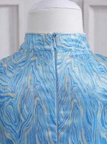 女嬰提花泡泡袖旗袍領派對禮服