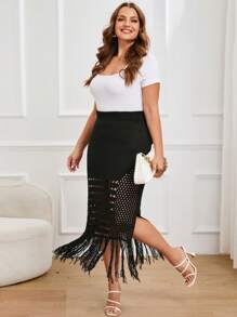 SHEIN LUNE Plus Fringe Hem Knit Skirt