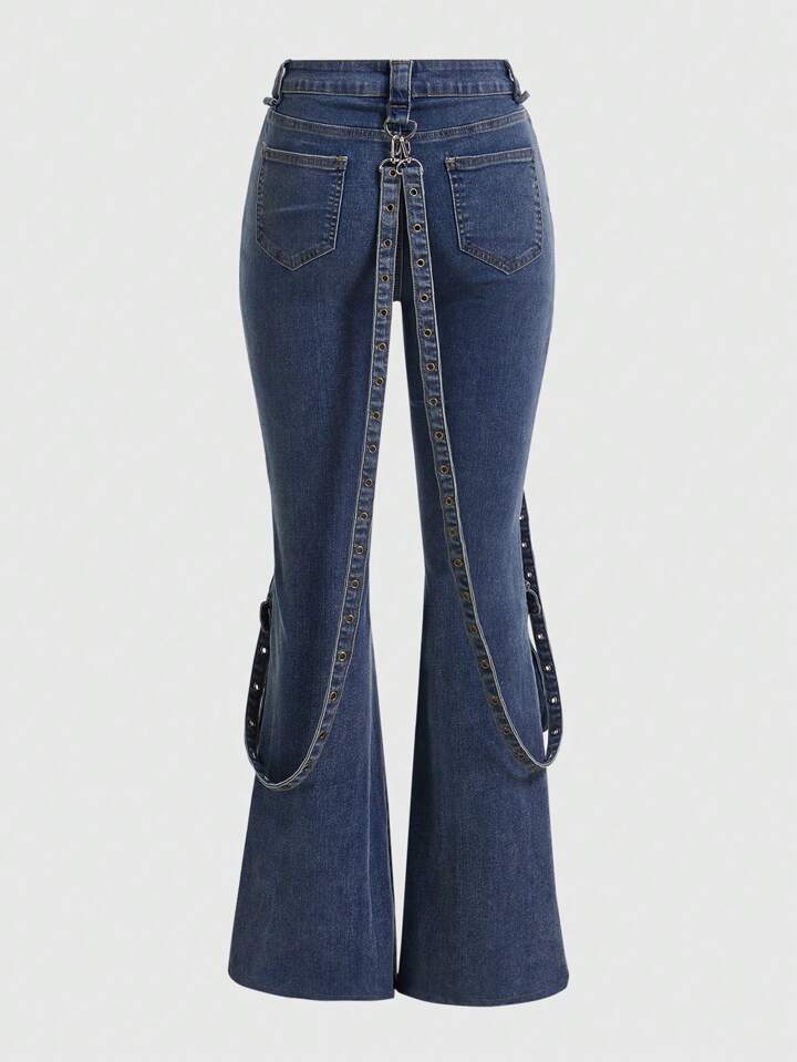 Our Grunge Punk Flap Pocket Flare Leg Jeans With Strap