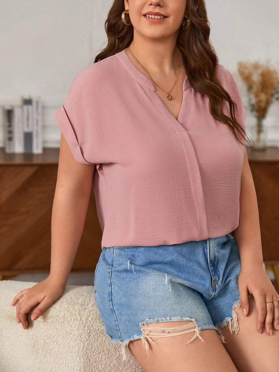 SHEIN Frenchy Hơn Cổ có Lỗ hổng tay cánh Áo sơ mi - Bụi hồng - Xem 1