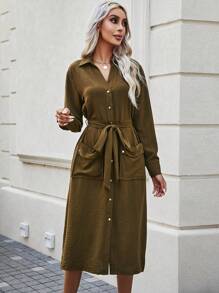 SHEIN LUNE Solid Button Front Belted Shirt Dress - Army Green - View 6