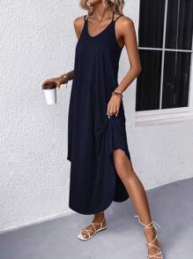 Solid Curved Hem Cami Dress - Navy Blue - View 3