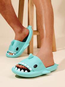 Fun Men's Shark Slippers, Beach Shark Slides - Green - View 1