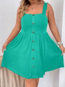 SHEIN LUNE Plus Button Front Shirred Back Dress