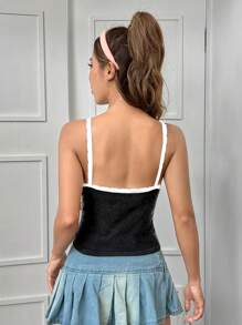 SHEIN EZwear 女士撞色修身吊带针织上衣 - 黑色 - 查看 2