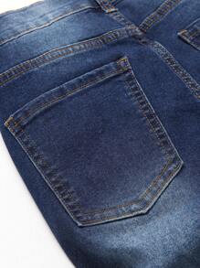 SHEIN TWEEN BOY 百搭休闲现代街头学院风猫须破洞可调节腰部弹性五口袋紧身牛仔裤，全年百搭时尚牛仔必备品 - 深色水洗藍 - 查看 5