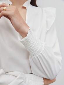 BizChic Notched Neck Ruffle Trim Blouse - White - View 7