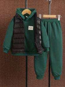 SHEIN 小男孩前拉鍊背心夾克和字母貼片連帽衫和運動衫 - 綠色 - 查看 1