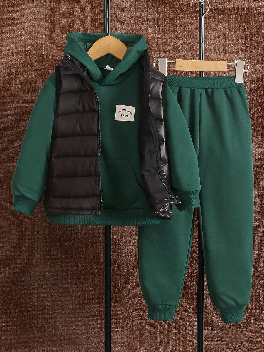 SHEIN 小男孩前拉鍊背心夾克和字母貼片連帽衫和運動衫 - 綠色 - 查看 1