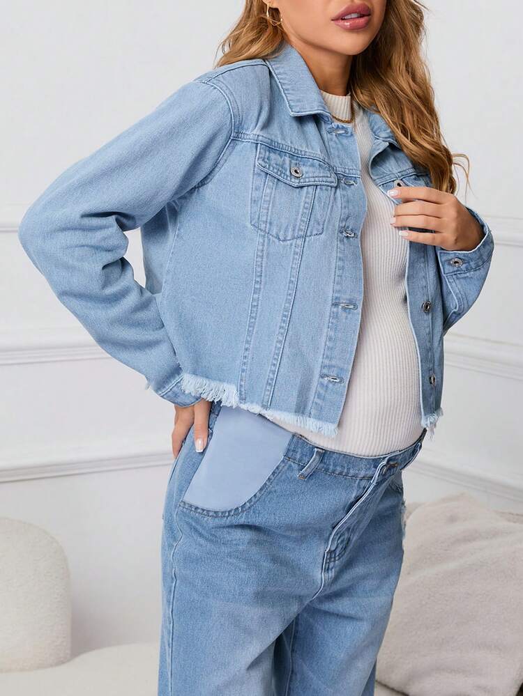 Maternity 1pc Flap Pocket Raw Hem Denim Jacket