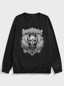ROMWE MEN Grunge Punk Guys Letter & Skull Print Sweatshirt - Black - View 1