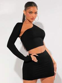 SHEIN SXY Solid One Shoulder Crop Top & Bodycon Skirt