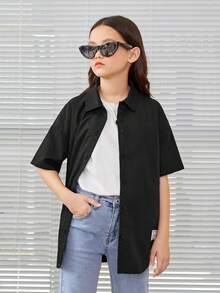 SHEIN 女大童標語圖案落肩袖襯衫 - 黑色 - 查看 3