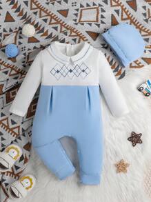 女嬰雙色刺繡幾何圖案連身褲&帽 - 藍白色 - 查看 1