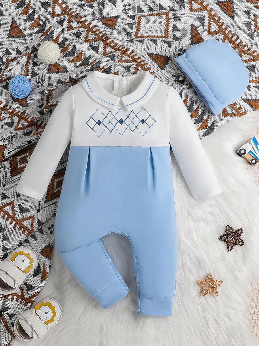 女嬰雙色刺繡幾何圖案連身褲&帽 - 藍白色 - 查看 1