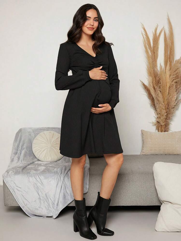 Maternity V-neck Knot Front Solid Dress