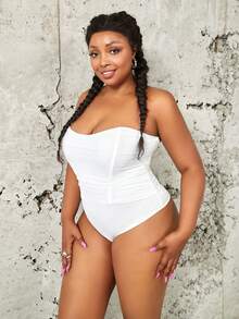 Plus Mesh Ruched Tube Corset Bodysuit - White - View 5