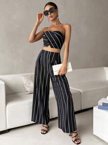 SHEIN Privé 條紋印花抹胸上衣&闊腿褲 - 黑色 - 查看 5