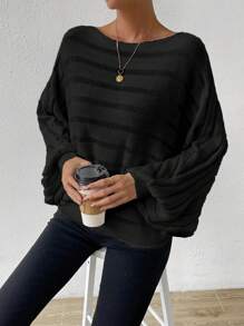 Chiquease Batwing Sleeve Ribbed Knit Pullover Fall Winter Sweater - Black - View 6