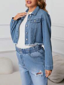 SHEIN Maternity Flap Detail Raw Hem Denim Jacket - Light Wash - View 6