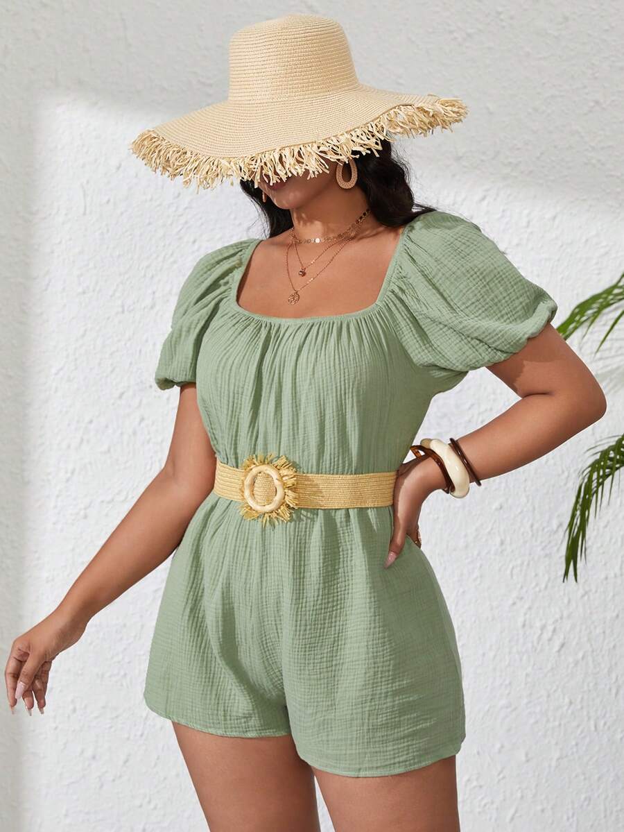 SHEIN VCAY Plus Scoop Neck Puff Sleeve Romper Without Belt - Mint Green - View 1