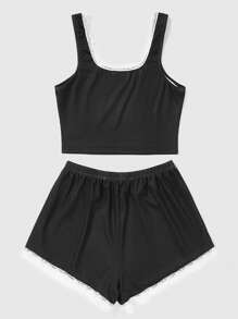 Corpse Bride | ROMWE Letter Figure Graphic Contrast Lace Bow Decor Pajama Set - Black - View 2