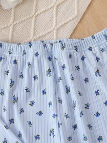 女大童碎花木耳邊T恤和褲子睡衣套裝 - 藍色 - 查看 4