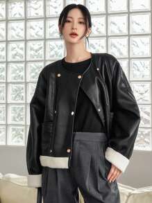 DAZY Lót Teddy Đôi ngực Da giả Áo khoác - màu đen - Xem 9