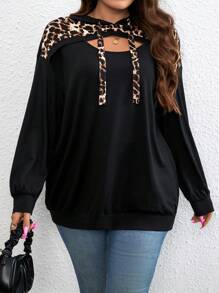SHEIN LUNE 加大码豹纹镂空落肩抽绳卫衣，适合毕业季、返校季、教师节等场合，秋冬新款。 - 黑色 - 查看 4