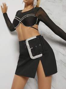 SHEIN Unity Falda Con Diamantes De Imitación Grandes De Hebilla Y Dobladillo Dividido - Negro - Ver 1