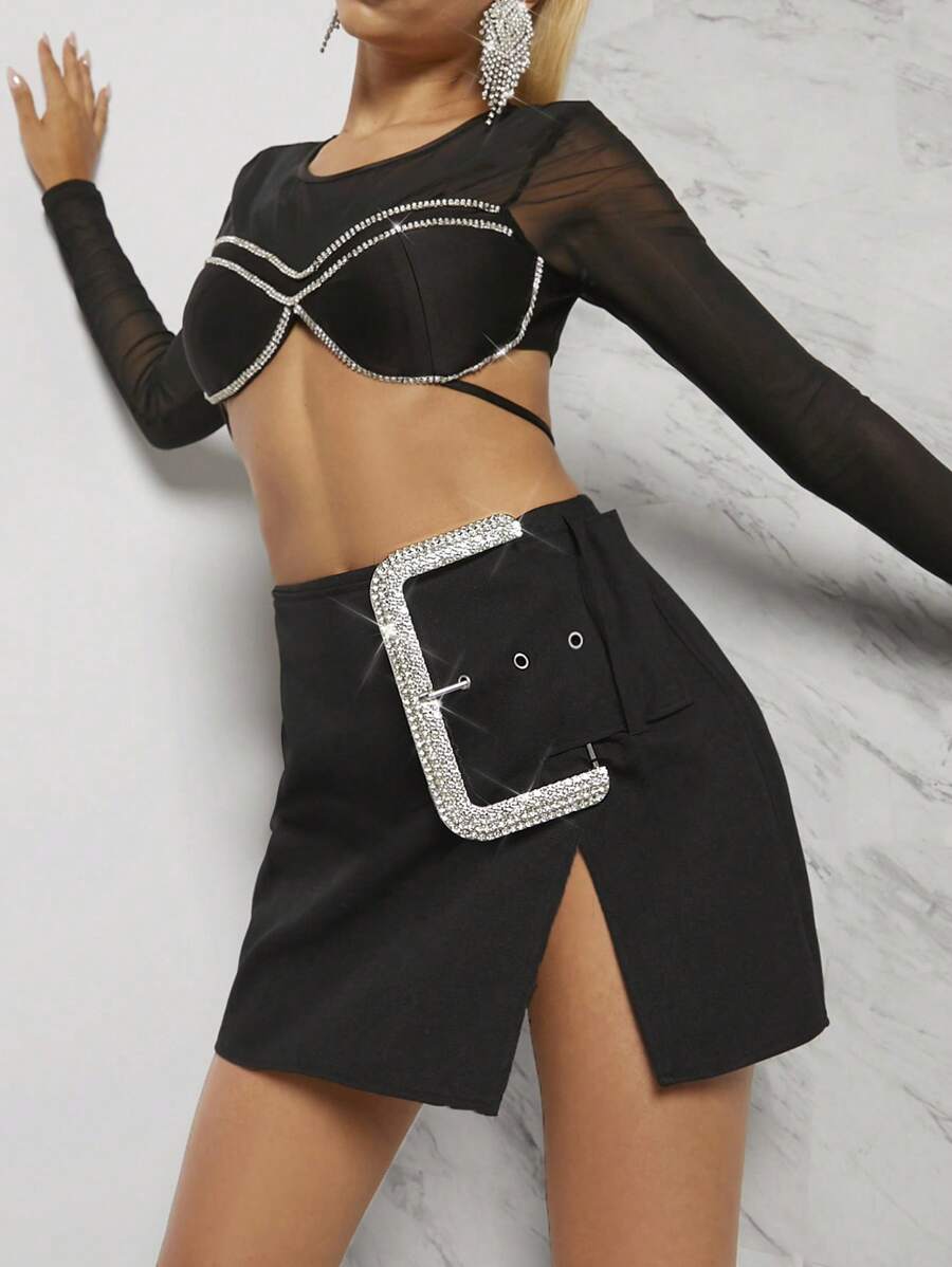 SHEIN Unity Falda Con Diamantes De Imitación Grandes De Hebilla Y Dobladillo Dividido - Negro - Ver 1