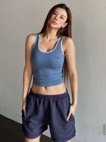 DAZY Letter Graphic Contrast Binding Crop Tank Top - Blue - View 7
