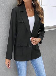 SHEIN LUNE Cổ áo Chi tiết về Flap Ngực đơn Áo vest - màu đen - Xem 3