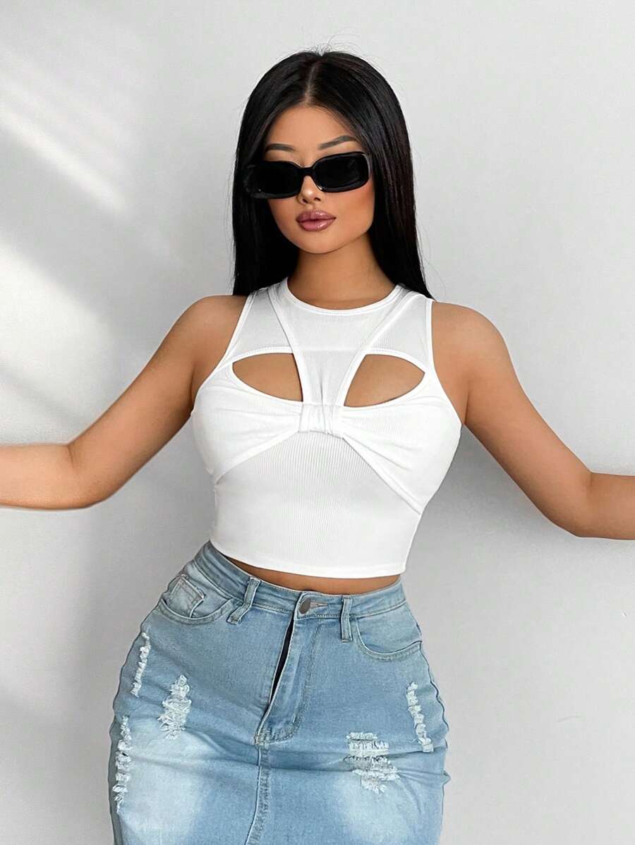 SHEIN SXY Top tank crop con abertura pecho con fruncido - Blanco - Ver 1