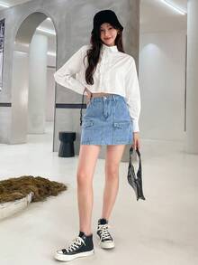 DAZY Solid Frill Trim Button Front Shirt - White - View 9