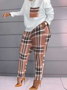 Plaid Print Pocket Patched Tee & Pants - Khaki - View 1