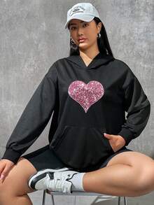 SHEIN EZwear Áo nỉ cỡ lớn in hình trái tim, túi kangaroo, vai rớt - màu đen - Xem 6