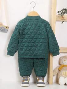SHEIN Baby Boy Solid Button Front Bomber Jacket & Pants Without Tee - Dark Green - View 2
