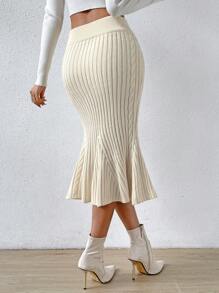 SHEIN Privé Button Detail Mermaid Hem Knit Skirt - Apricot - View 2