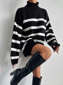 EURMUSE Women's Turtleneck Oversized Drop Shoulder Long Sleeve Long Sweater - Black and White - View 4