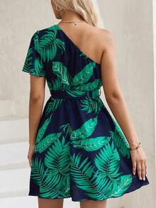 SHEIN VCAY 熱帶圖案單肩繫腰帶洋裝 - 藍色 - 查看 2