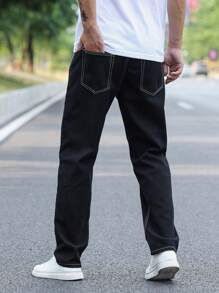 Manfinity Hypemode Nam Nghiêng Túi Chân Thẳng Quần Jean Baggy Dài Rửa Sạch Jean Tối Hàng Hóa Đen Trơn Làm Việc Phong Cách Doanh Nhân Chồng - màu đen - Xem 2