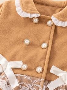 SHEIN Young Girl Contrast Lace Bow Front Coat - Khaki - View 5