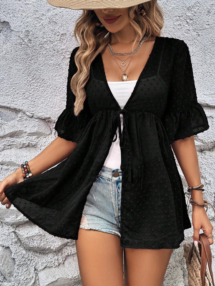 SHEIN LUNE 圓點荷葉袖前打結襯衫不附吊帶上衣 - 黑色 - 查看 1
