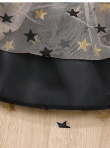 SHEIN Young Girl Star Mesh Overlay Lettuce Trim Dress