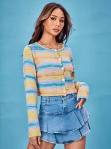 SHEIN Unity Cárdigan con patrón de rayas con botón delantero - Multicolor - Ver 3