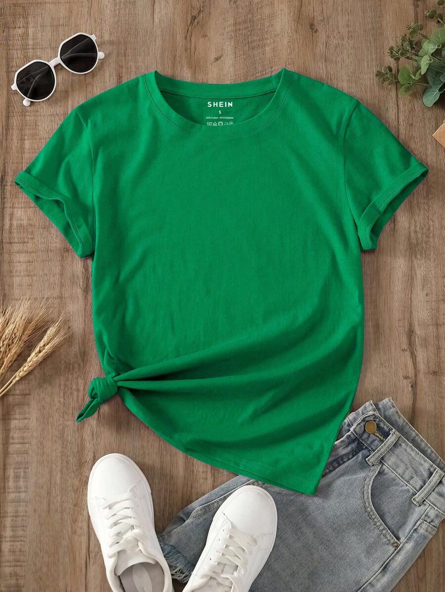 INAWLY 素色圓領T恤 - 綠色 - 查看 1